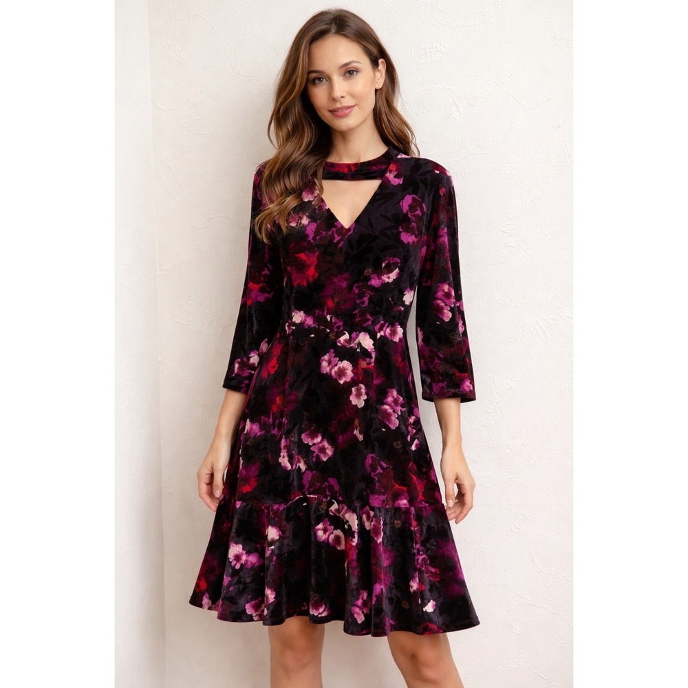 Roz &‎ Ali Floral Velvet Dress Women 14 Black Pink Excellent Cutout Ruffle Hem